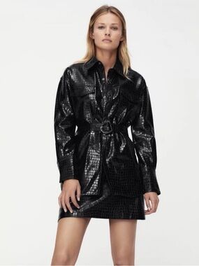 Black Croc-Embossed Belted Jacket
